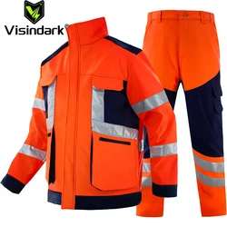 Men's Safety Suit with Reflective Stripes Windproof Warm Fleece Jacket and Pants for Working Fishing Hiking Camping