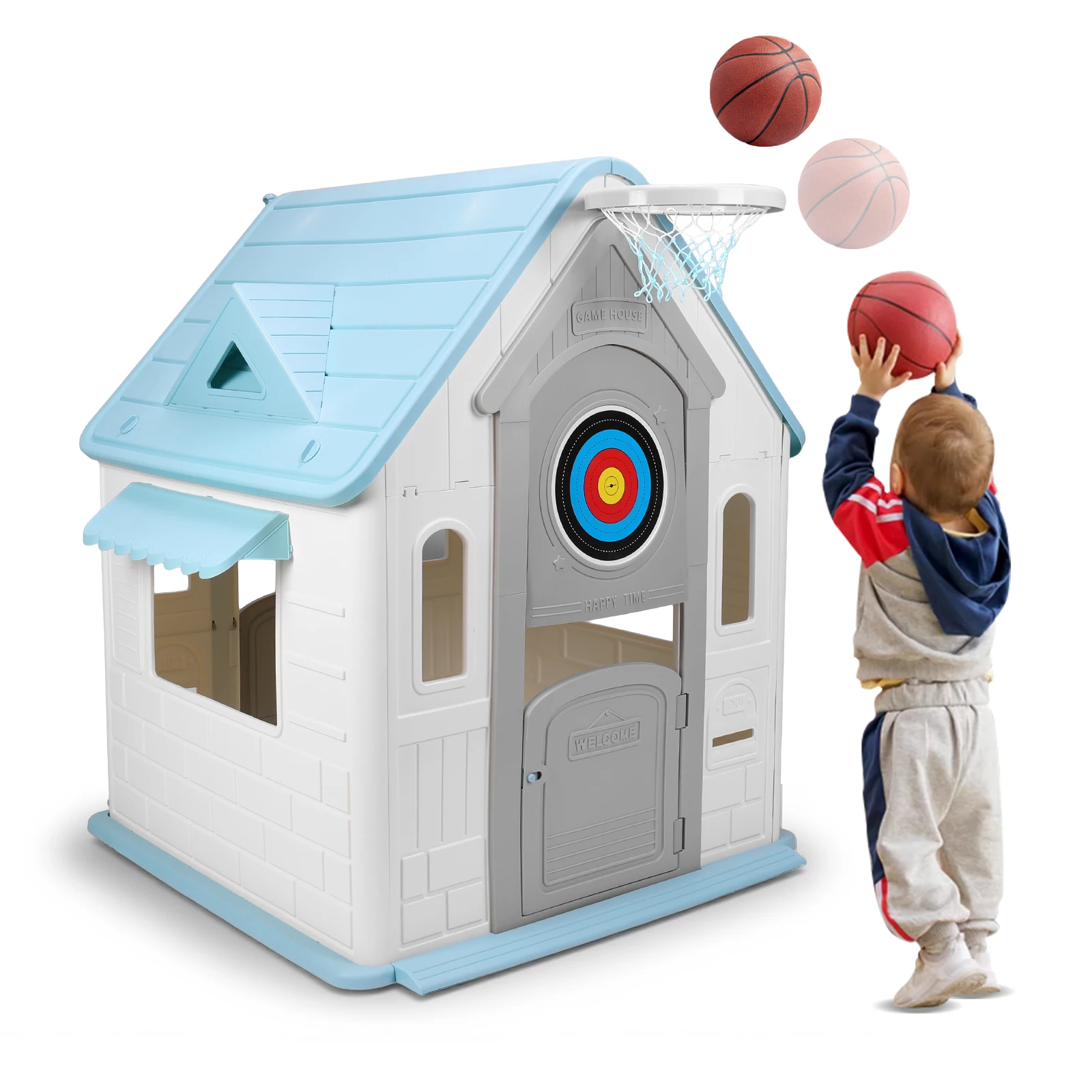 Casetta da gioco per bambini con canestro da basket, freccette, giochi da giardino, cottage (azzurro)