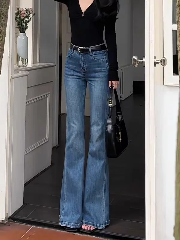 Retro Blue Bell Bottom Jeans Women's Elastic Low Waist Spring Summer New Thin Korean Style Slim Fit Flared  Hoof Pants