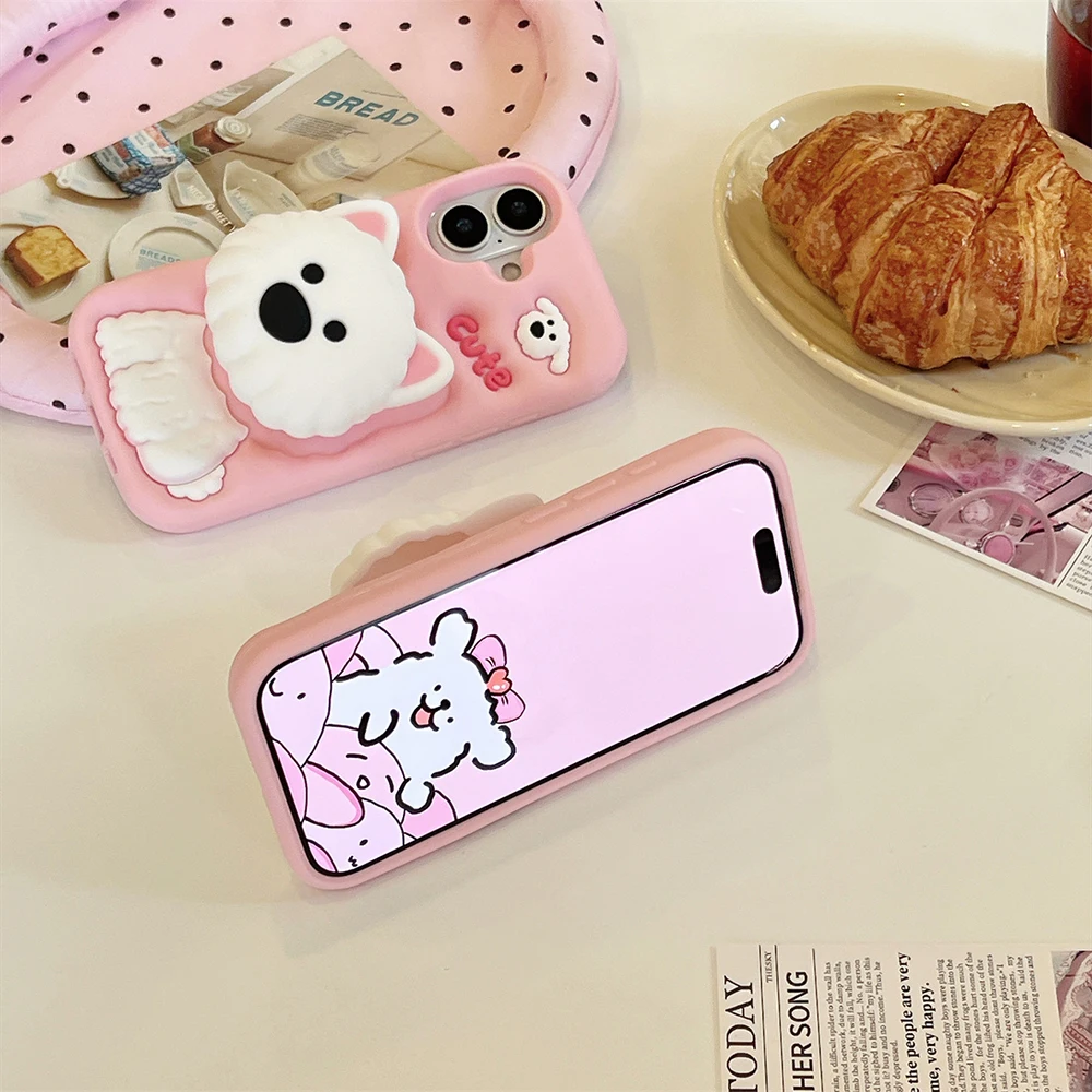 Niedliche 3D-Cartoon-Hund-Halterung Weiche Silikon-Handyhülle für iPhone 18 17 16 15 14 13 12 Pro Max Stoßfeste Standhalterung – Detail 4