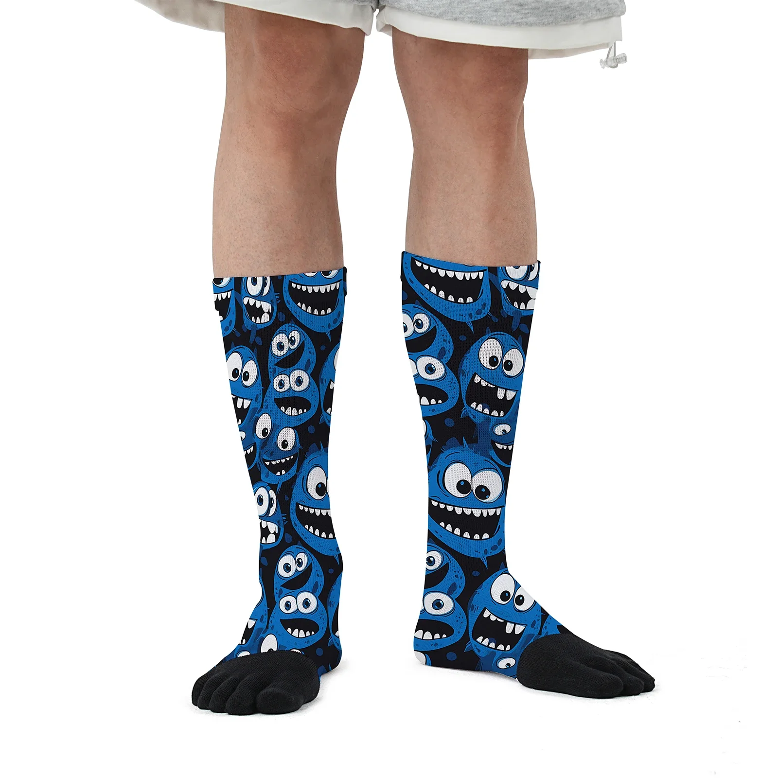 1 pair of blue cartoon monster smiley face cute Mosaic print personality mid-tube sports fashion five-finger socks Stretchy