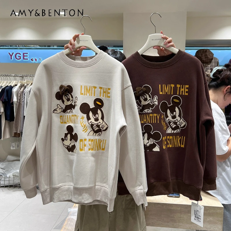 Loose Oversized Sweatshirt For Women's 2025 Autumn Winter Cartoon Embroidery Stylish Youthful Round Neck Pullover Hoodies Ladies