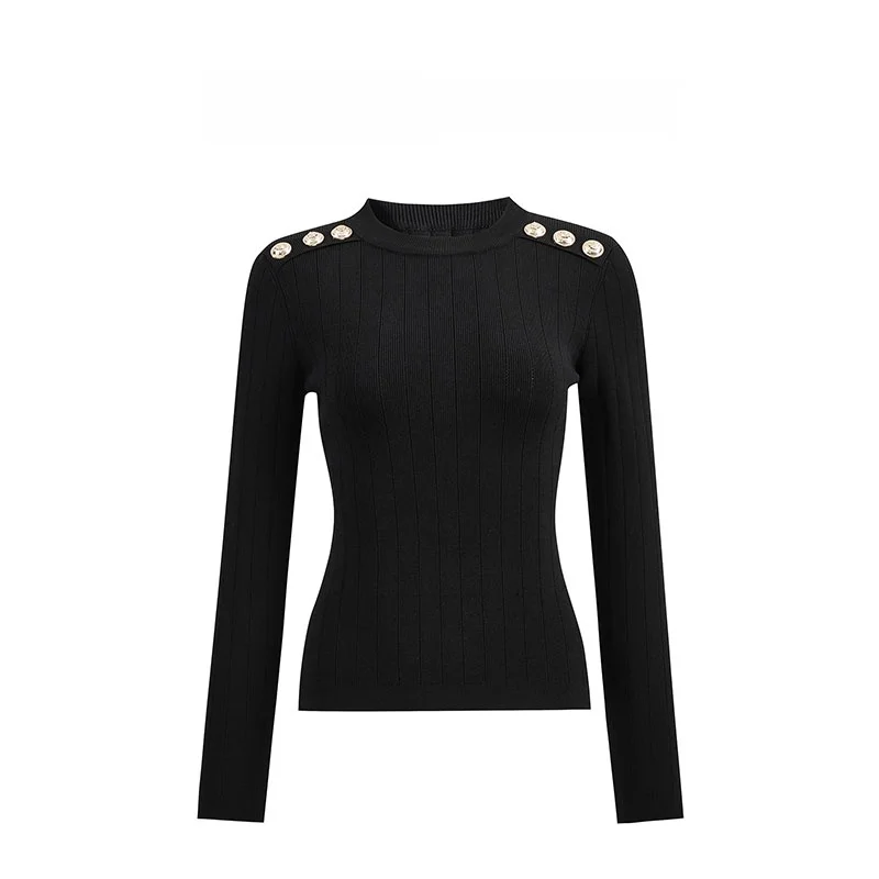 

BIANFUANG, новинка 2025, женский облегающий вязаный свитер с высоким воротником, дизайн с золотыми пуговицами, базовый слой irt Faionable