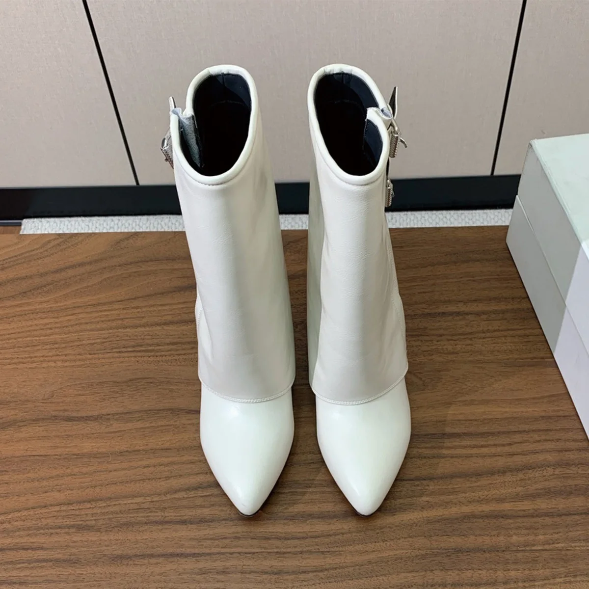 2026 High Quality winter Women Shoes Double Buckle Pointed Toe Hidden Wedge Fold Over Mid Boots ch24101503