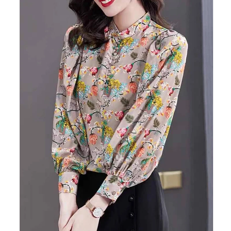 Women Clothes Vintage Floral Print Stand Collar Shirts Spring Autumn Fashion Elegant Blouses Casual Long Sleeve Loose Tops Blusa