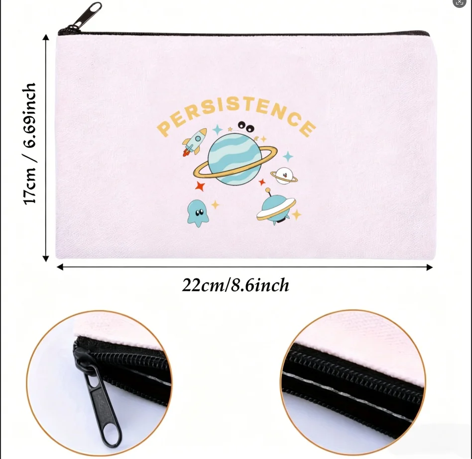 1PC Persistence Cute Space Planet Rocket Canvas Zipper Pouch Cartoon Print Makeup Stationery Storage Bag