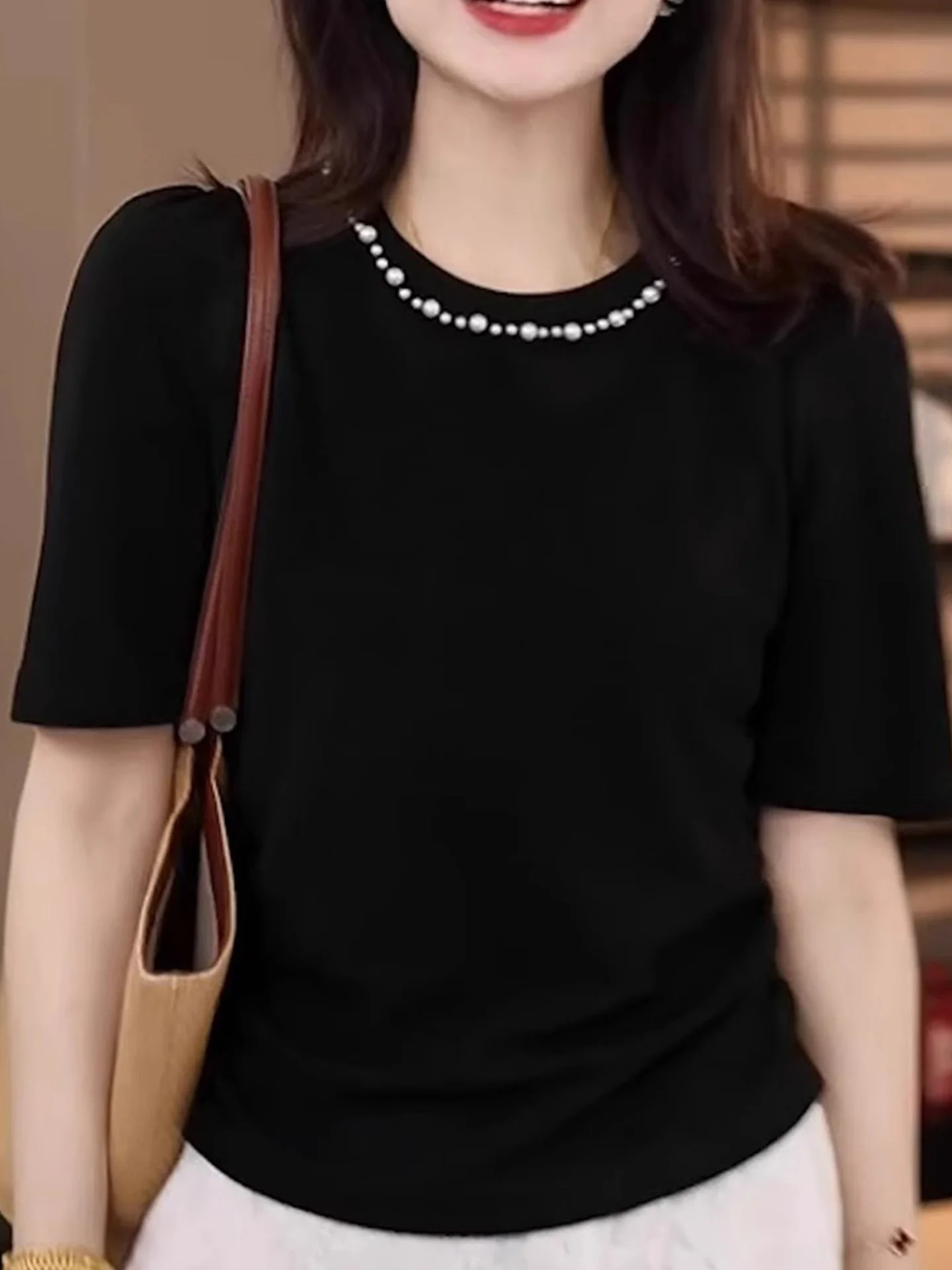 Cseta de Manga Curta com Decote Redondo e Design E em Cor Sólida, Sensação de Verão 2025, Estilo de Trabalho, Cs...