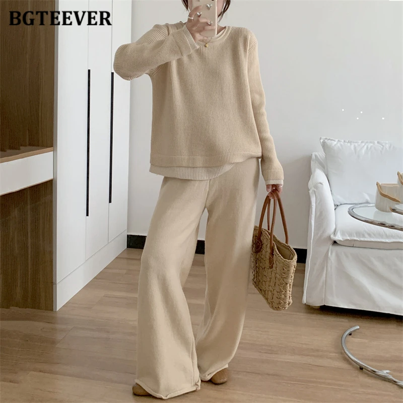 BGTEEVER Casual Warm Loose Female Knitted Outfits O-neck Long Sleeve Pullovers Sweaters & Wide Leg Pants Ladies 2 Pieces Set