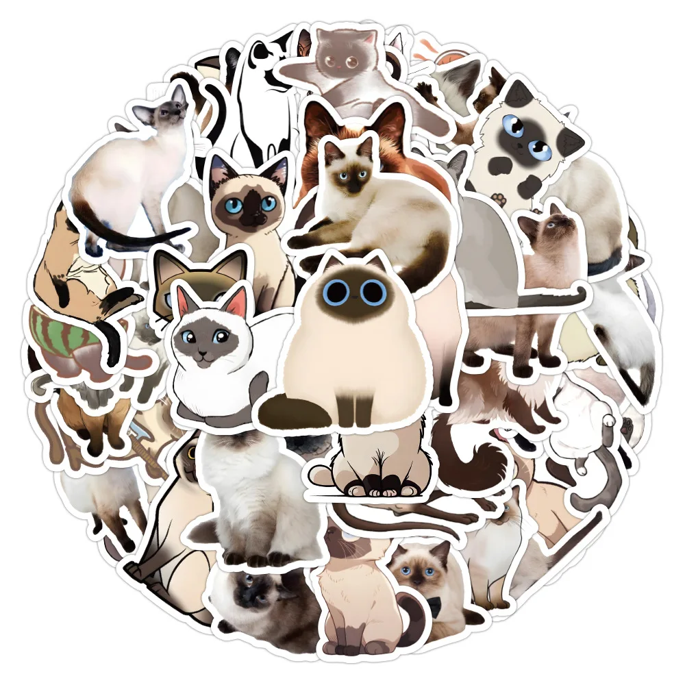 10/53Pcs Cartoon Anime Realistic Siamese Cat Stickers for Laptop Suitcase Album Stationery Waterproof Decals Toys Birthday Gifts