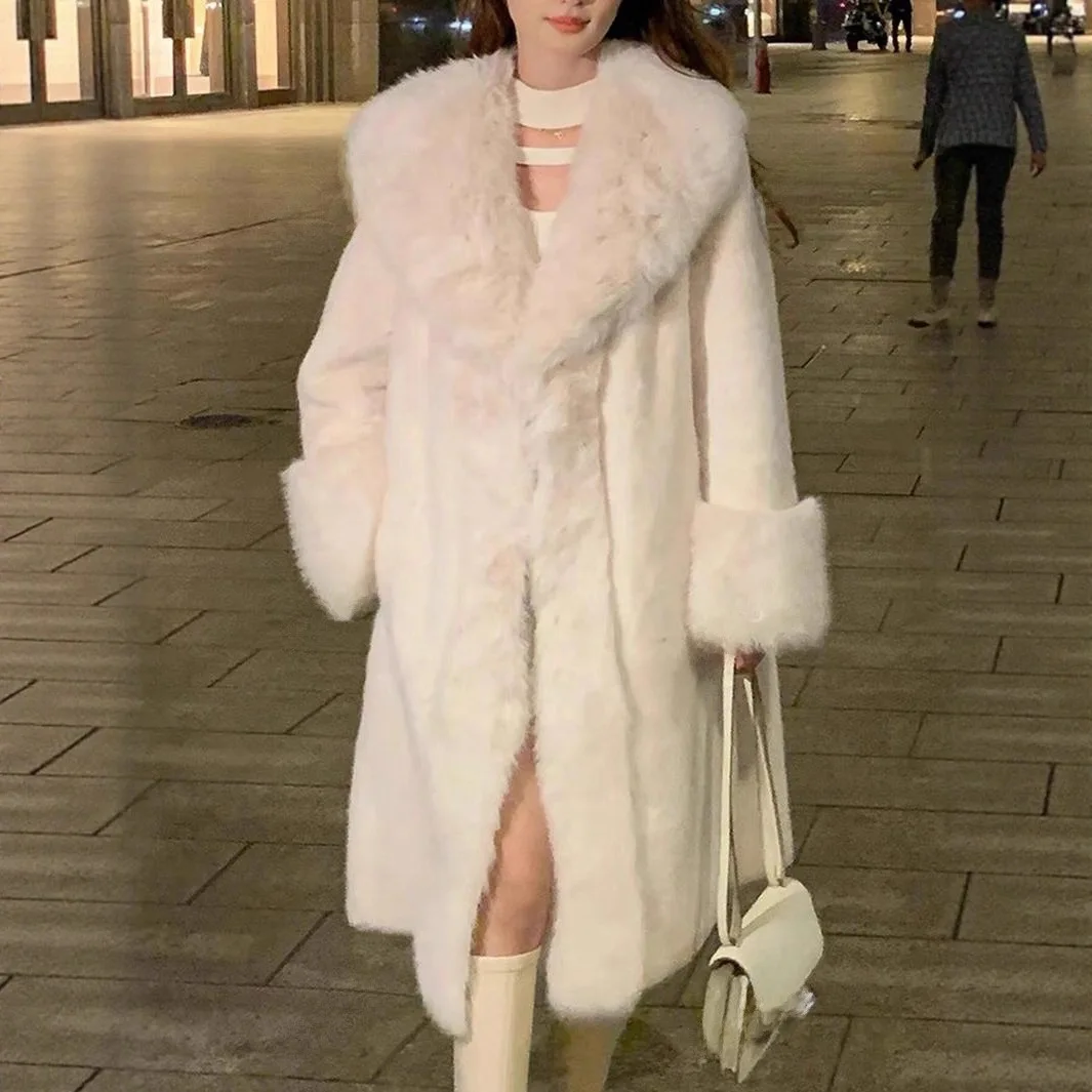 Women Faux Fur Mid Length Coats Jackets Turn Down Collar Coat Thick Warm Y2k Streetwear Jacket Elegant Open Stitch Autumn Winter