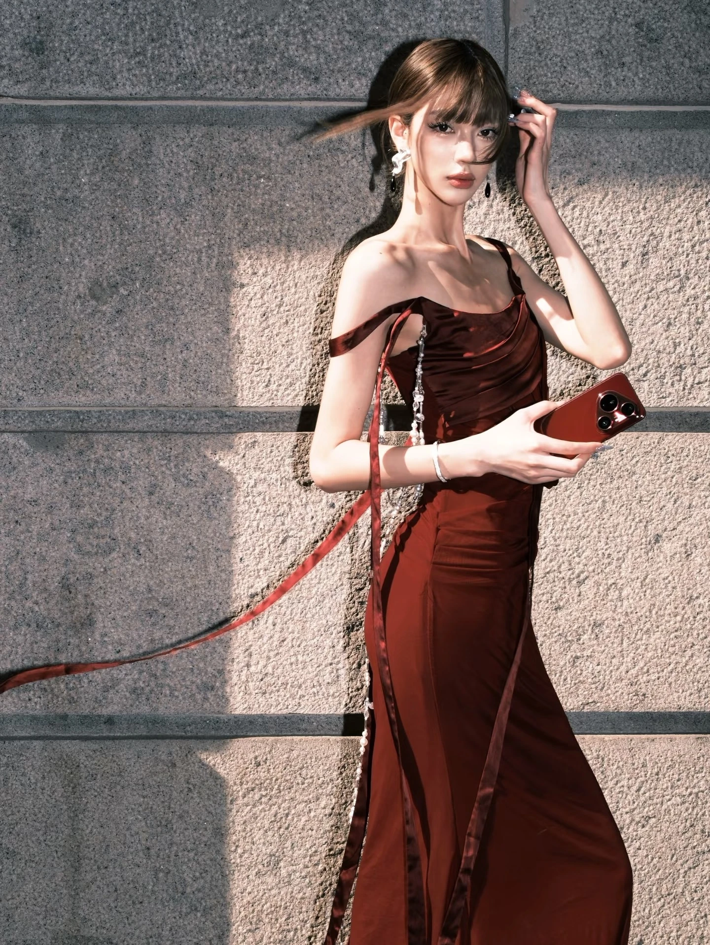 Red Wine Color Retro Thousand Gold Women's Dr Luxury Siren Dr Strap Design Sense Holiday Dr Long Sve Zipper Sle