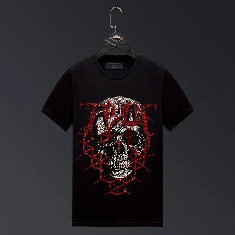 Plus Size 2025 Rhinestones Skulls T Shirts Women Summer Short Sleeve Tops Fashion Streetwear O Neck Slim Casual Woman Tshirts