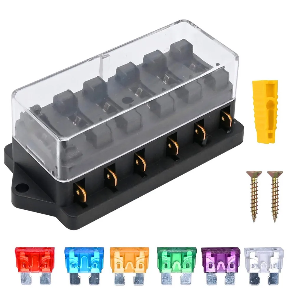 6 Way Car Circuit Standard Blade Fuse Box Block Holder Fuse For 12V / 24V Motorcycles E-Bikes with 5A 10A 15A 20A 25A 30A Fuse