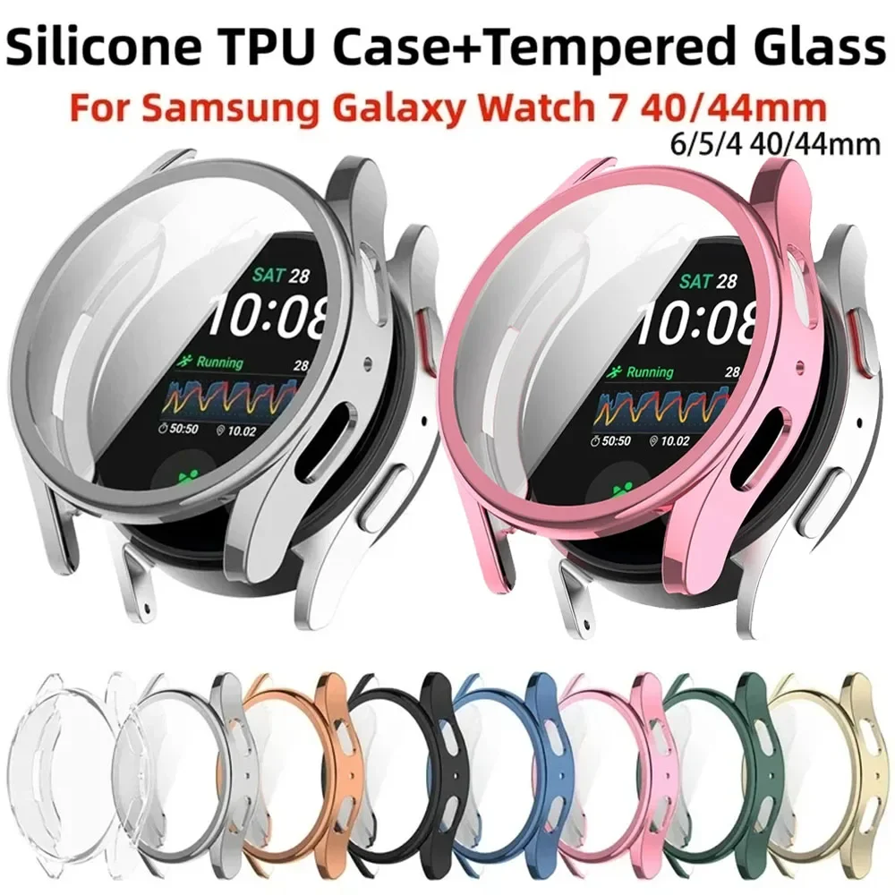 Capa de silicone tpu para samsung galaxy watch 7 6 5 4 40mm 44mm protetor de tela completo capa protetora casos de película protetora