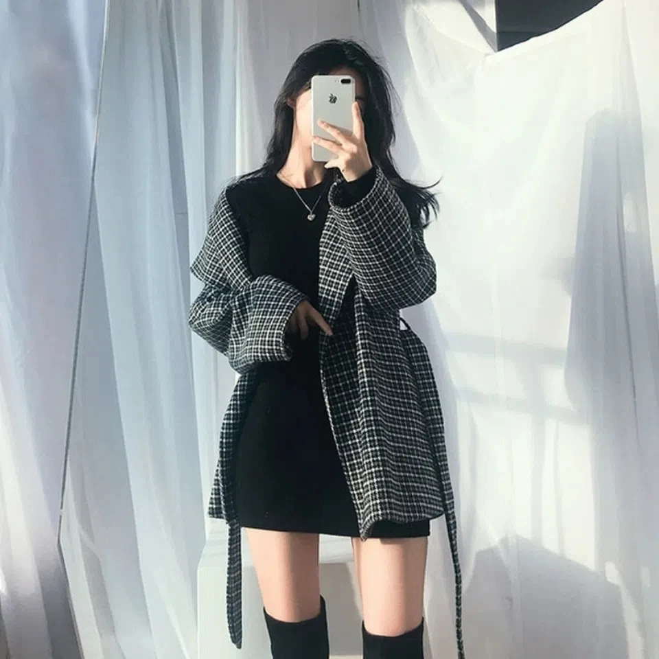 

Wool Coat Women 2022 Winter Jacket New Korean Slim Fashion All-match Plaid Woolen Coats Female Casual Loose Waist Long Outerwear