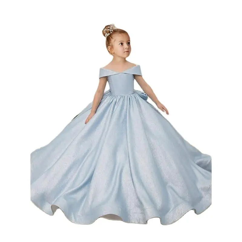 Blue Satin Shimmering Simple Bow Flower Girl Dress Elegant Wedding Flower Child Birthday Party Celebration Communion Dress