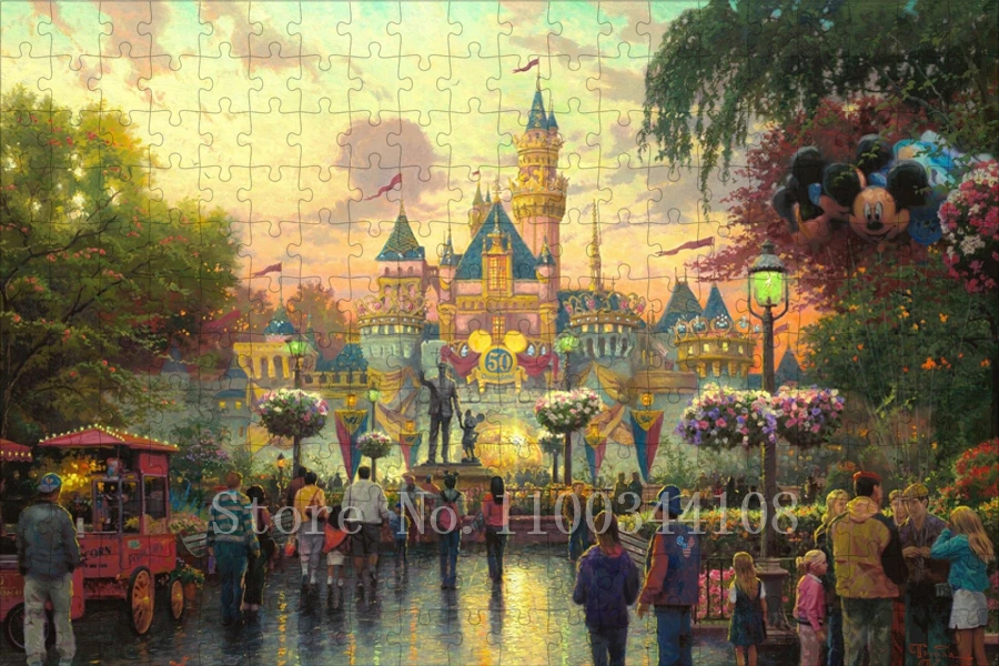 300/500/1000 PCS Disney Anniversary Jigsaw Puzzles Disneyland Scenery Paper Puzzles Parent-Child Interactive Assemble Game Toys