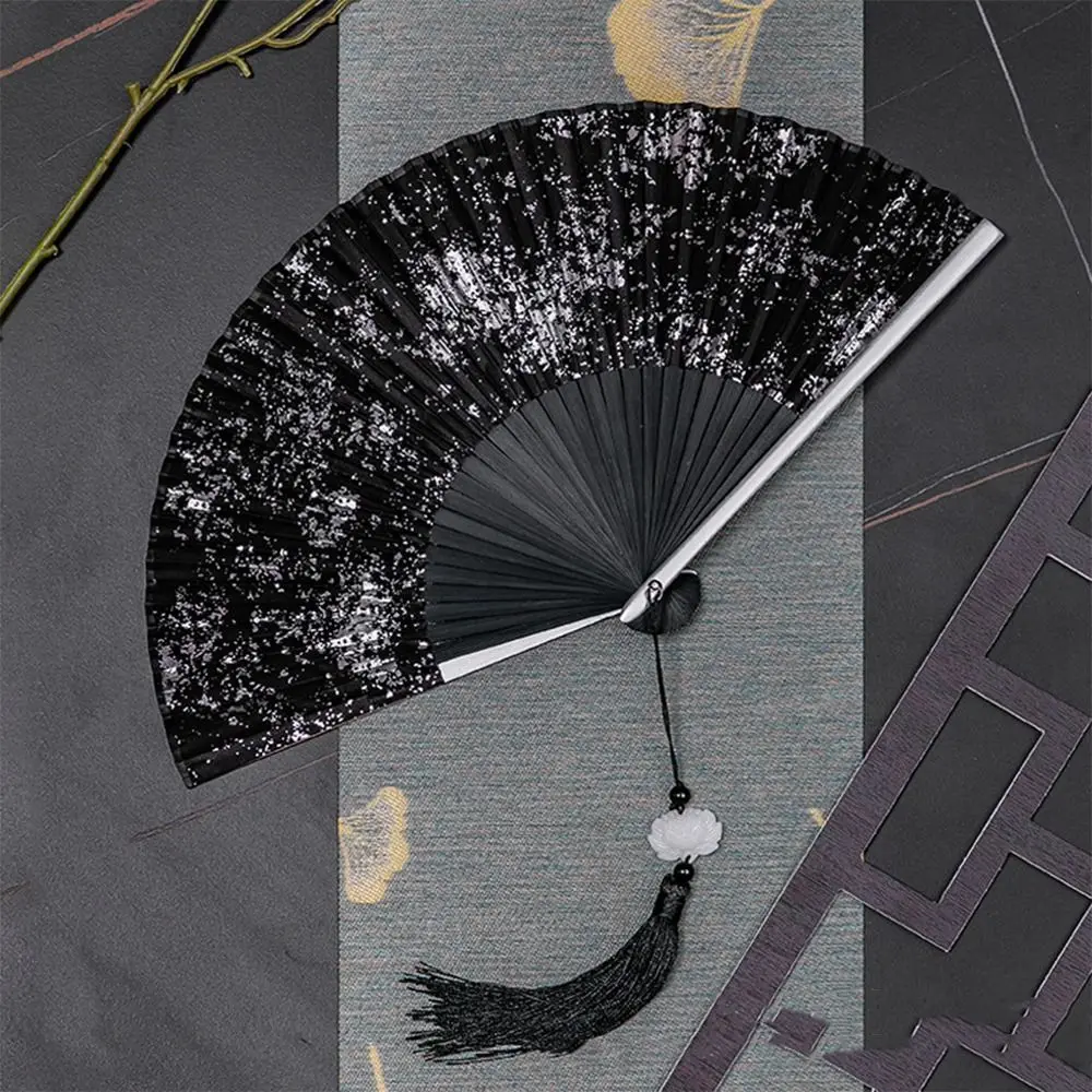 Creative Chinese Style Portable Folding Fan Gold Silver Elegant Handheld Bamboo Fan with Tassels Dance Fan Performances Party