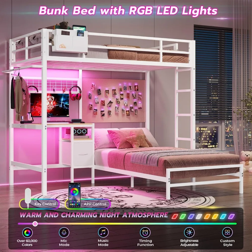 سرير مزدوج بطابقين معدني مع مكتب، ومحطة شحن، وأضواء LED، وأرفف تخزين، وأدراج #5