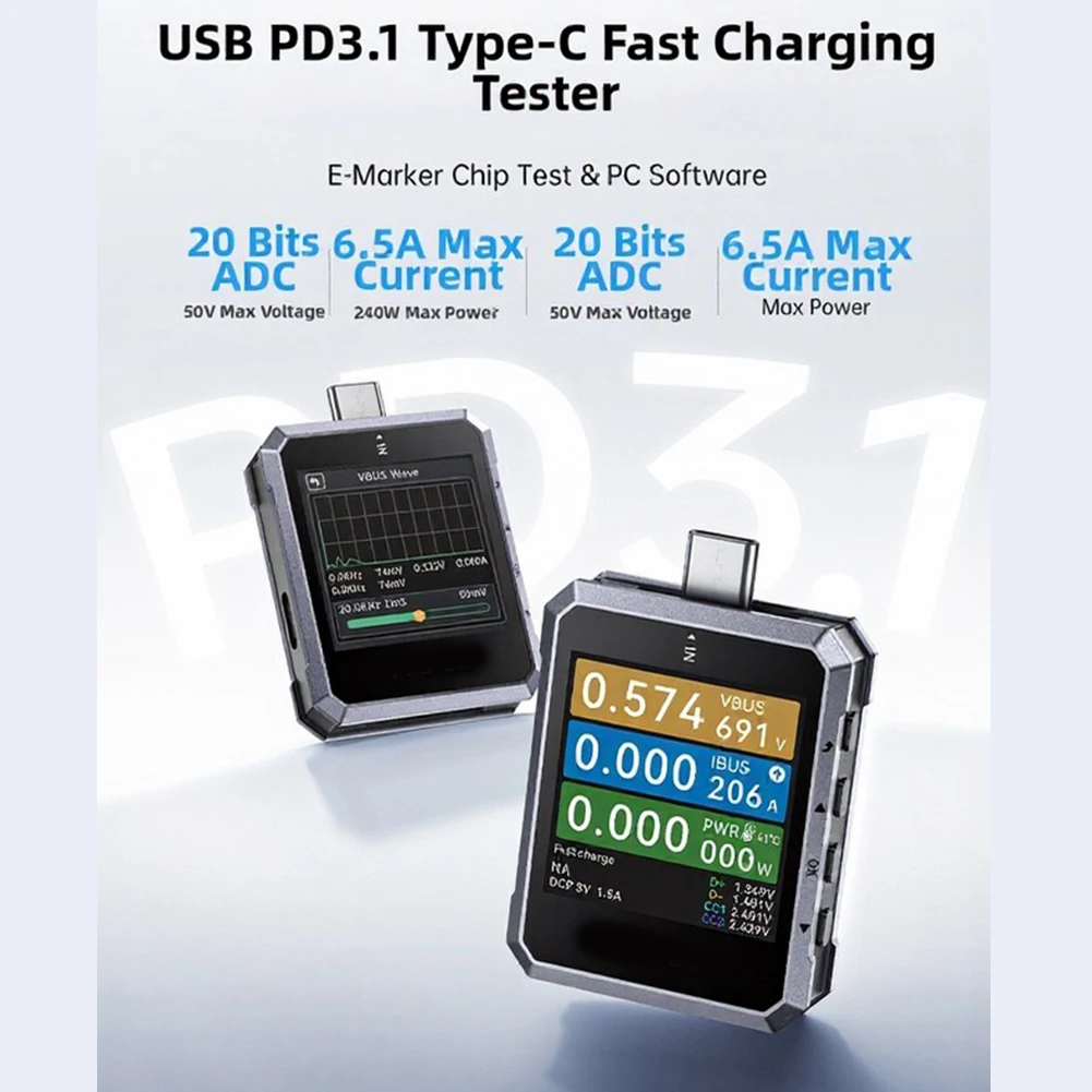 240W USB Power Meter Tester for PD 3.1 Fast Charging Evaluation Voltage Current Power Efficiency Tracking Tool