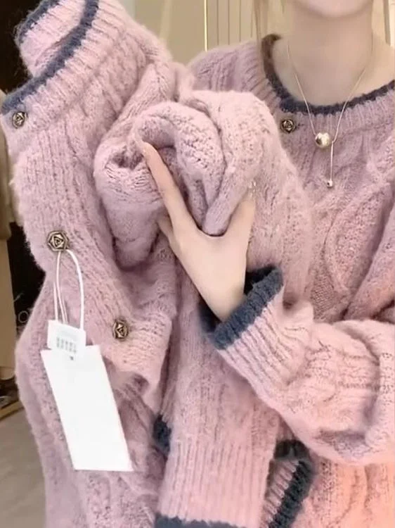 

Свободный женский вязаный кардиган-свитер с узором «жгуты» и принтом «Медведь», осенне-зимний, розовый, с длинными рукавами, круглым вырезом и одной пуговицей