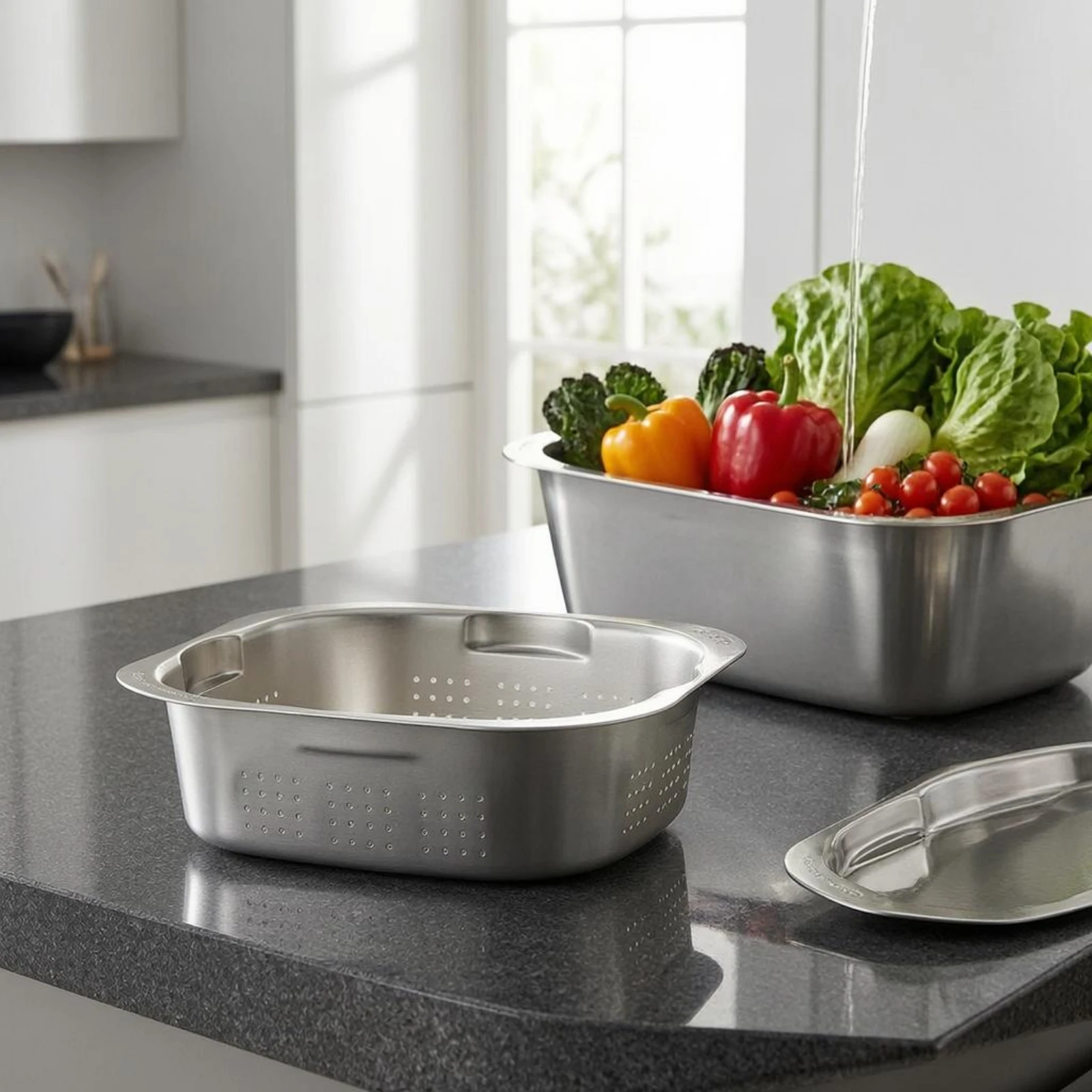 Double-Layer Draining Basin Perforated Stainless Steel Colander Set Square Strainer Bowl Flat Wide Rim Kitchenware Stackable