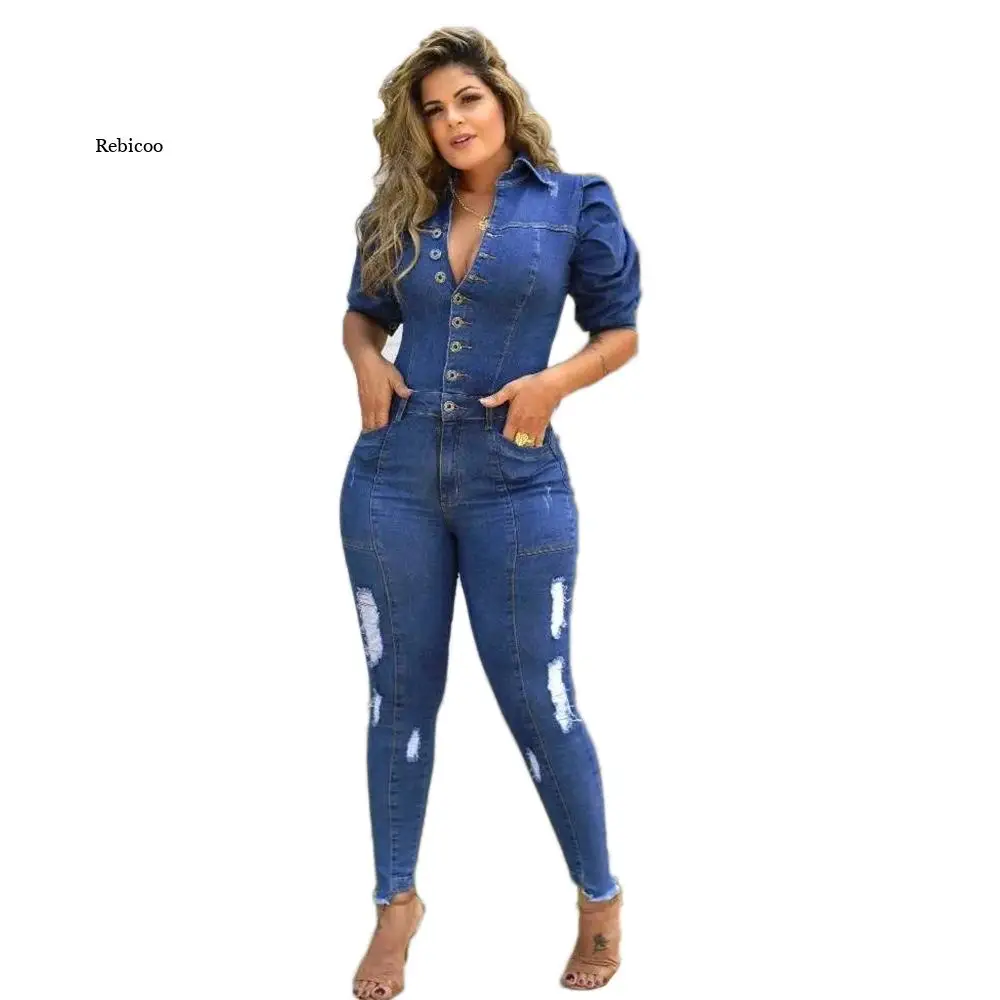 European Style Fashion Jeans Demin Jumpsuit  Women Notched Denim Trouser Autumn Shredded Ripped Overalls