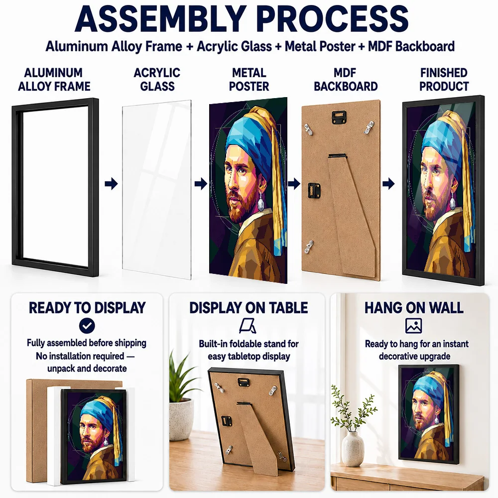 Lionel Messi As Girl With A Pearl Earring Framed Aluminum Metal Poster Customized Illustrated Wall Art For Bedroom And Clubhouse