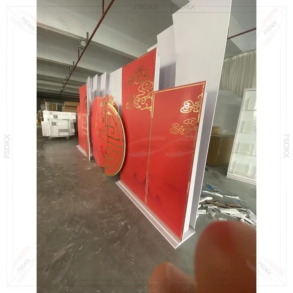 New Design Custom PVC Acrylic Red China Style Birthday Party Wvent Backdrop for Wedding Stage Backdrop Decoration
