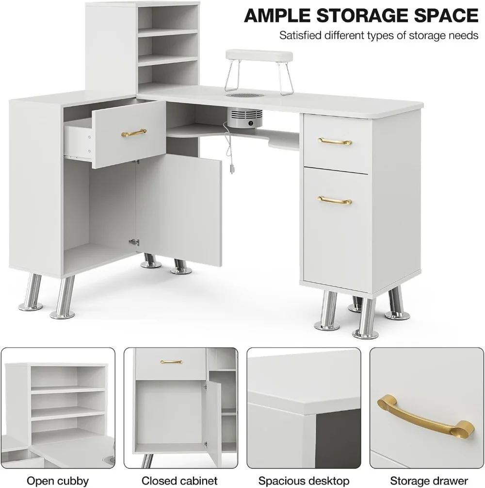 Manicure Table with Shelves, L-Shaped Nail Table Station w/Electric Downdraft Vent, Foldable Nail Arm Rest, Storage Cabinets