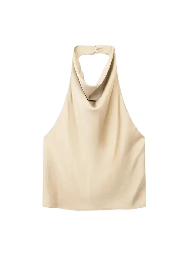 TRZA Women Fashion Satin Flowing Halterneck Tank Tops Sexy Backless With Button Female Camis Mujer image 3