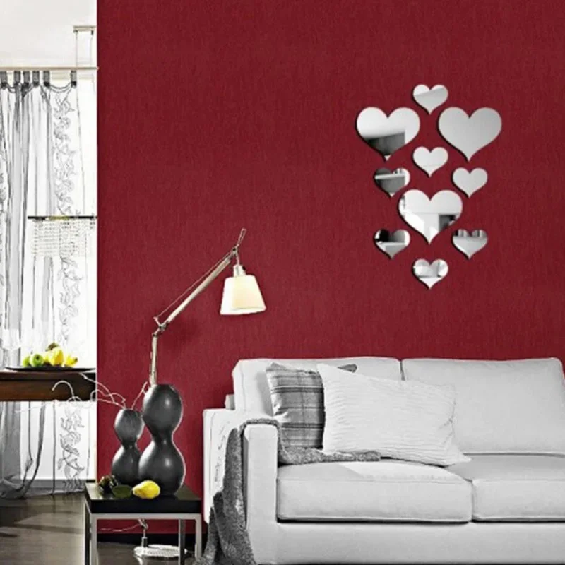 10Pcs/Set Durable Love Heart Stickers Wall Sticker Mirror Mural 3D Decal Simple DIY Decorative Removable Paster Home Decoration