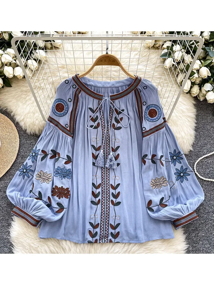 

Women's Autumn Blouse Fashion Ethnic Style Embroidered Round Neck Tied Lantern Sleeve Top New Loose Fitting Shirt BL039