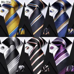 Hi-Tie Men Fashion Striped Navy Blue Necktie Handkerchief Cufflinks for Tuxedo Accessory Classic Silk Luxury Tie for Man Gift