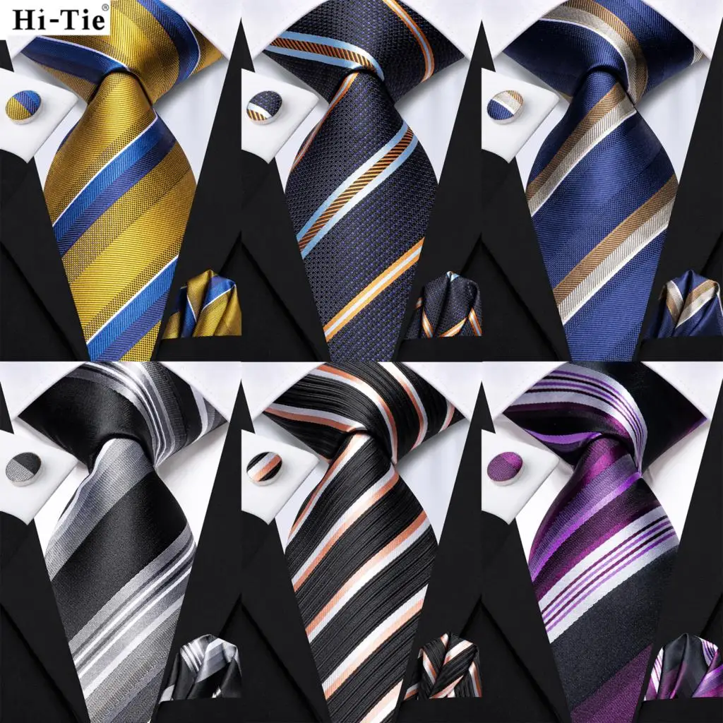Hi-Tie Men Fashion Striped Navy Blue Necktie Handkerchief Cufflinks for Tuxedo Accessory Classic Silk Luxury Tie for Man Gift