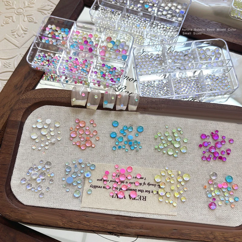 Mermaid Bubble Beads Half Round Flat Bottom Aurora Shiny Candy Color Mixed Size Nail Art Decoration DIY Manicure Accessories