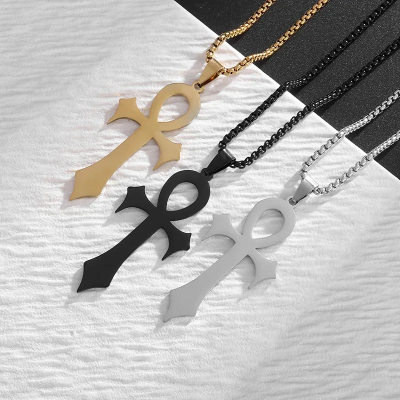 Ancient Egyptian Life Key Ankh Pendant Stainless Steel Necklace Retro Pharaoh Guardian Amulet Jewelry for Men and Women