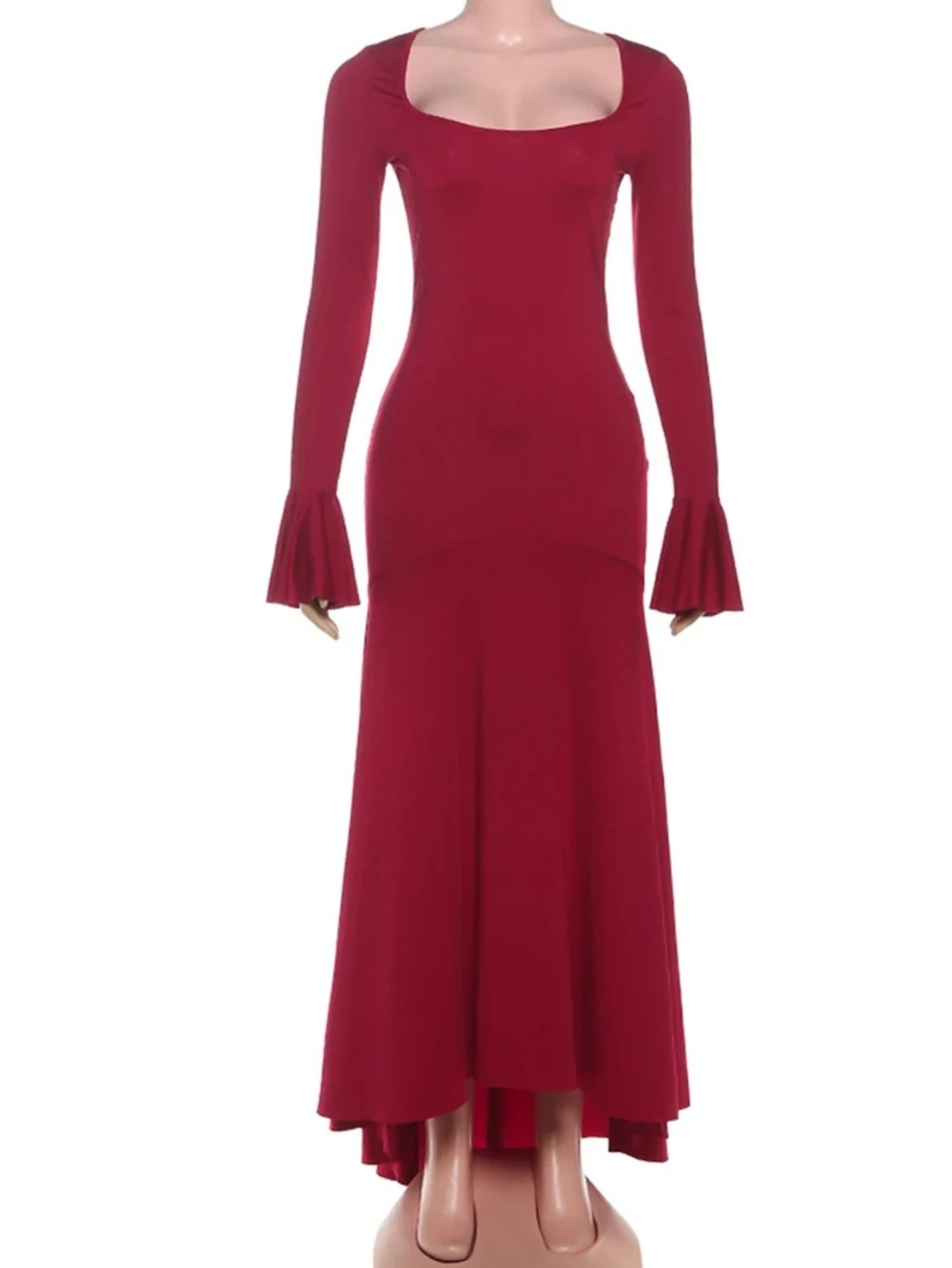 Vestido clássico feminino gola quadrada retalhos franzido em camadas manga alargamento elegante baile estiramento magro rabo de peixe bodycon