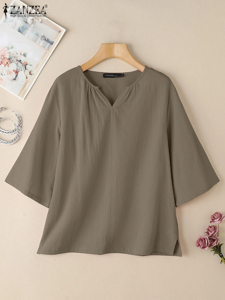 

ZANZEA Everyday Women T-Shirts Breathable V-Neck Casual Pure Cotton Smock Tops Solid Color 3/4 Sleeve 2025 Summer Vintage Tees