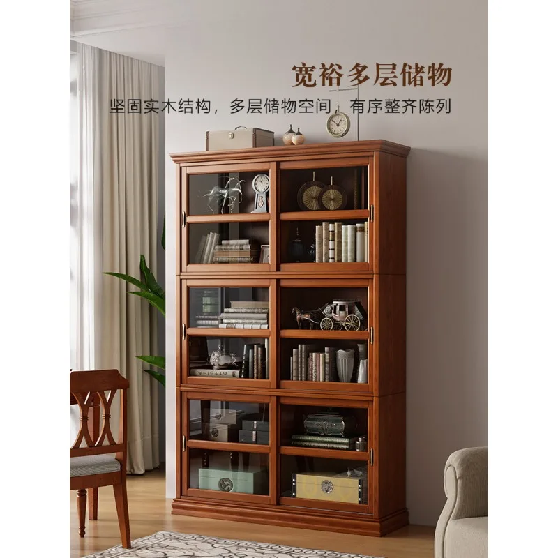 American solid wood bookcase with glass door dust-proof household retro display cabinet living room floor sliding door bookshelf - view 5