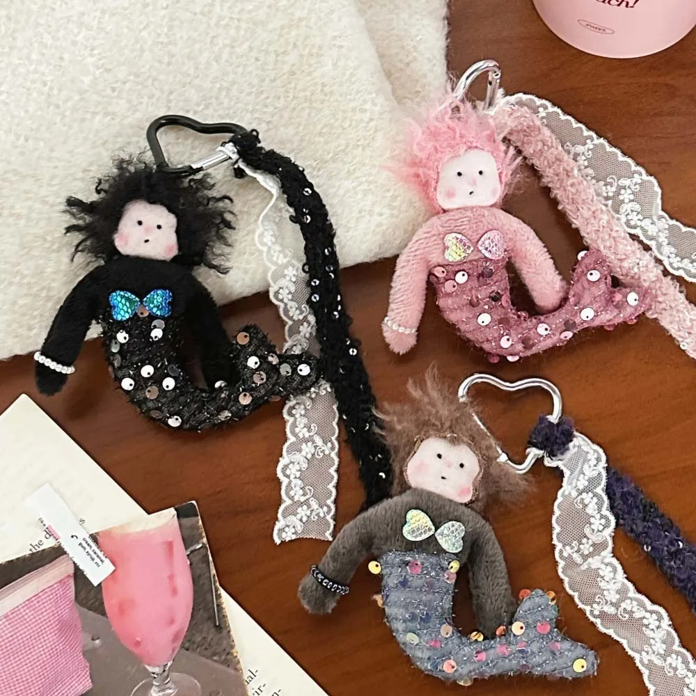 Curled Mermaid Plush Mermaid Doll Key Chain Korean Style Lace Ribbon Sequined Mermaid Pendant Soft Car Keyring