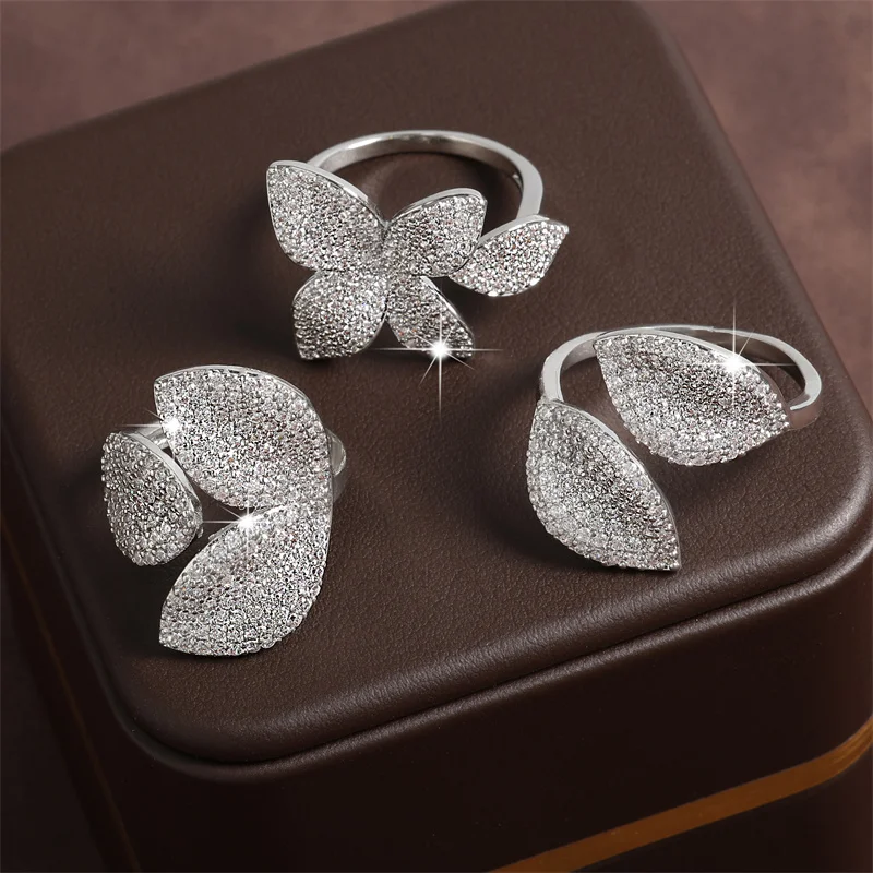 UILZ Trendy Micro Pave Cubic Zirconia Flower Shaped Open Rings for Women Personality Party Jewelry 2023 New