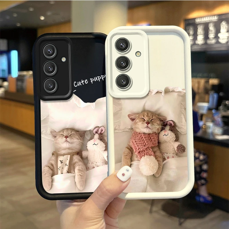 Cute Sleep Cat Silicone Phone Case For Samsung Galaxy S25 S24 S23 S21 Ultra Plus S24 S23 S21 S20 FE A73 A55 Soft Dustproof Cover