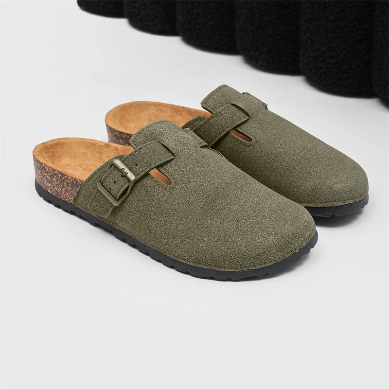 

Comfortable Women's Suede Leather Buckle Flat Shoes, Fashionable and Soft Cork Sole Wear-resistant Slippers, Men's Slip on Shoes