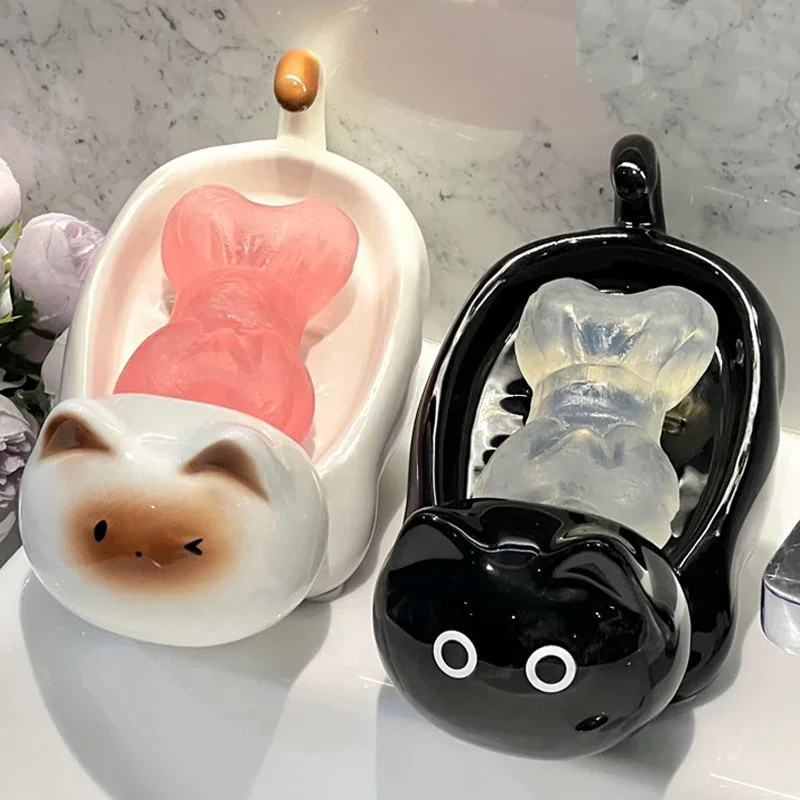 

Милая мыльница для жира, аксессуары для ванной комнаты, креативная мыльница для ванной комнаты, керамическая мыльница с котенком, сливная полка для унитаза
