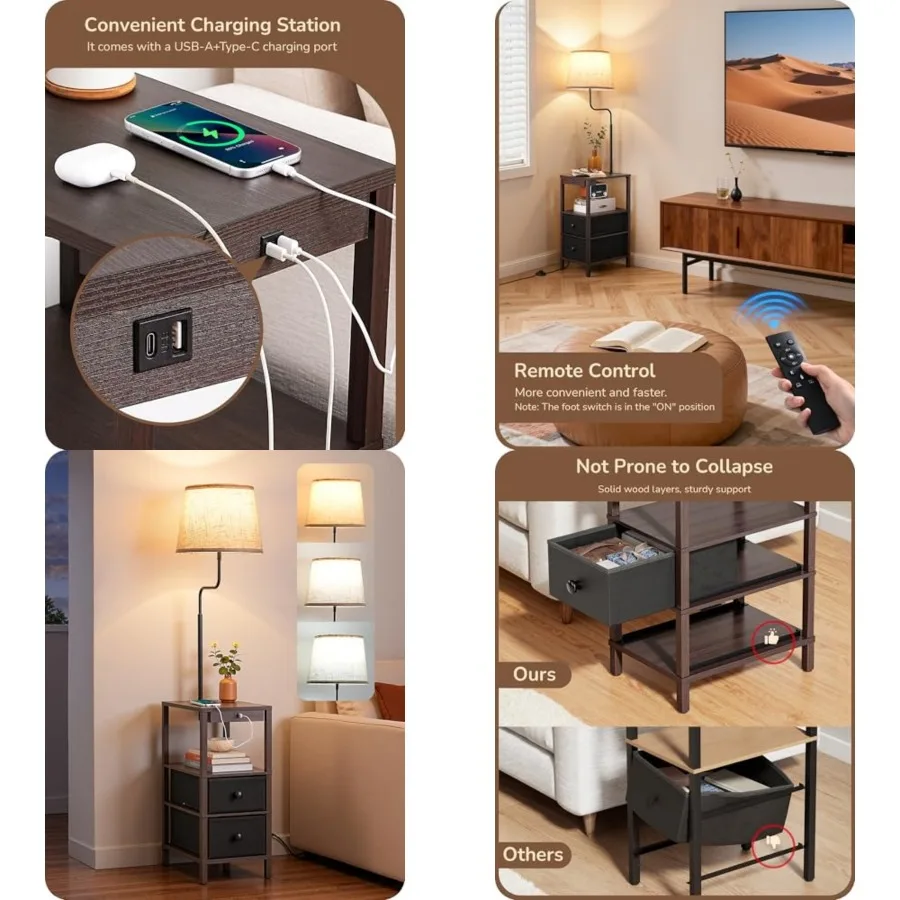 

Floor Lamps for Living Room, Dimmable Bedside Floor Lamp with Table and 2 Shelves, USB-A+Type-C Port, Farmhouse Standing Light