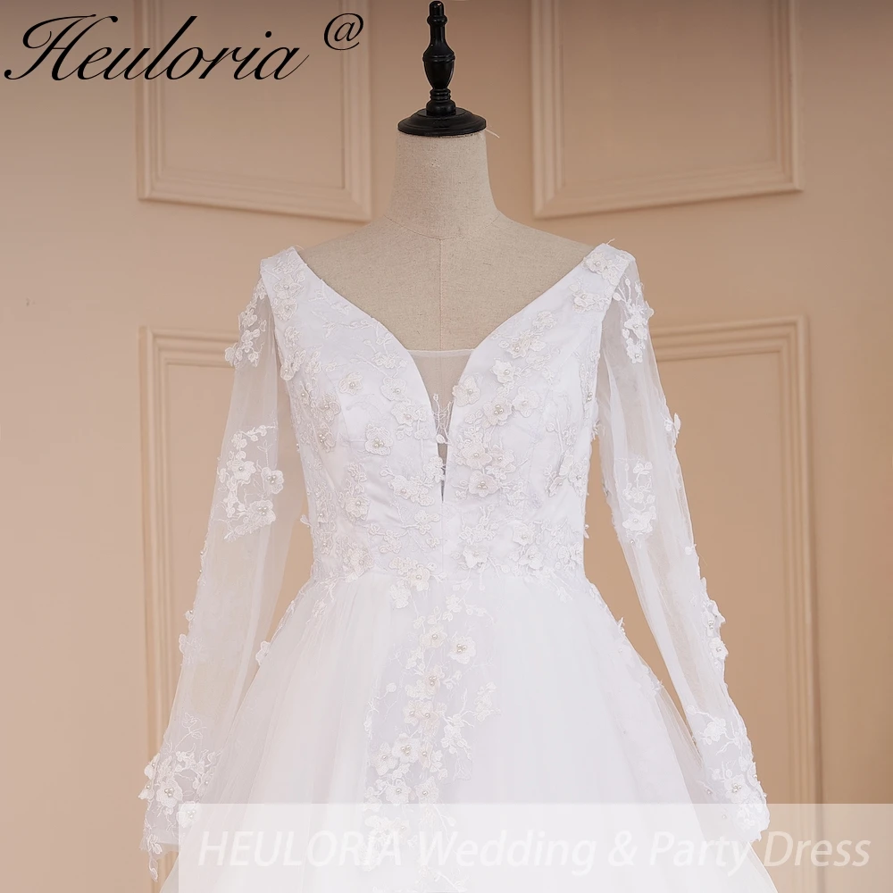 HEULORIA elegant A line wedding dress long sleeve lace applique bride dress Robe De Mariee Wedding Bride Dress long train