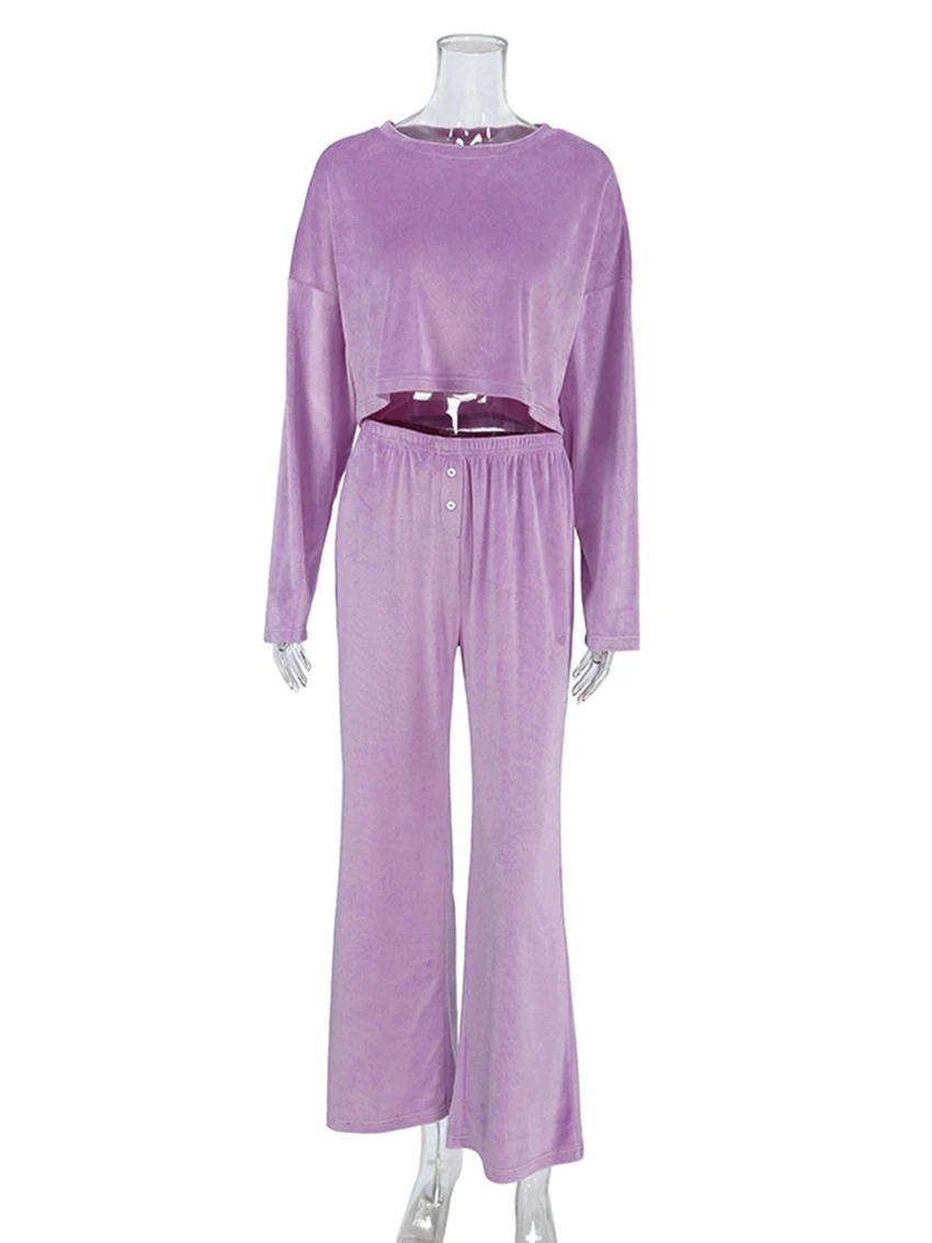 Marthaqiqi Casual Women Nightgowns Set Long Sleeve Pajamas O-Neck Sleepwear Crop Top Nightie Pants Ladies Nightwear 2 Piece Suit