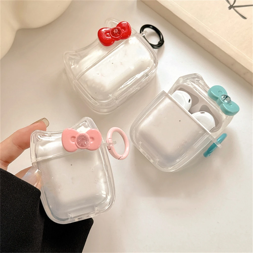 Kawaii Cute Drill Bowknot Cat Ear Headphones Case For AirPods 1 2 3 With Keychain Protective Shell Soft Cover For AirPods Pro 2