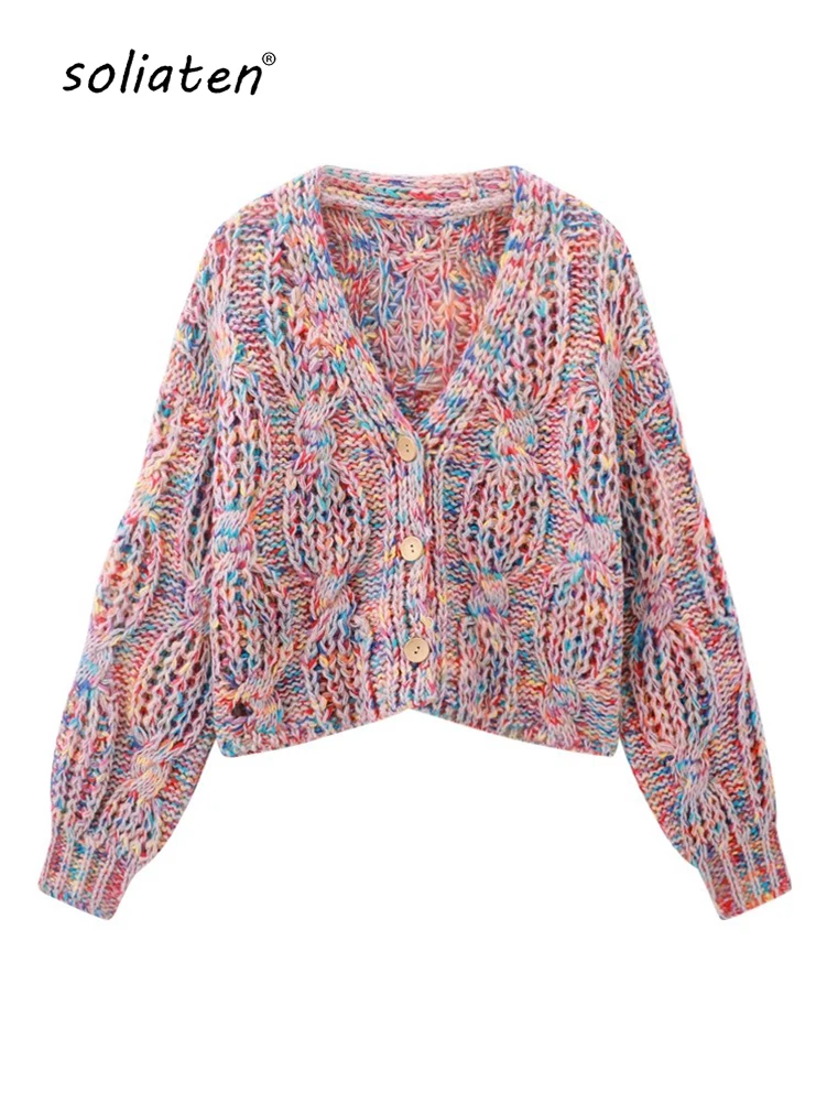 Coarse Wool Knit Cardigan V Neck Multi-Color Rainbow Sweater For Women Needle Hand Made High Quality Female Fashion Coat C-209